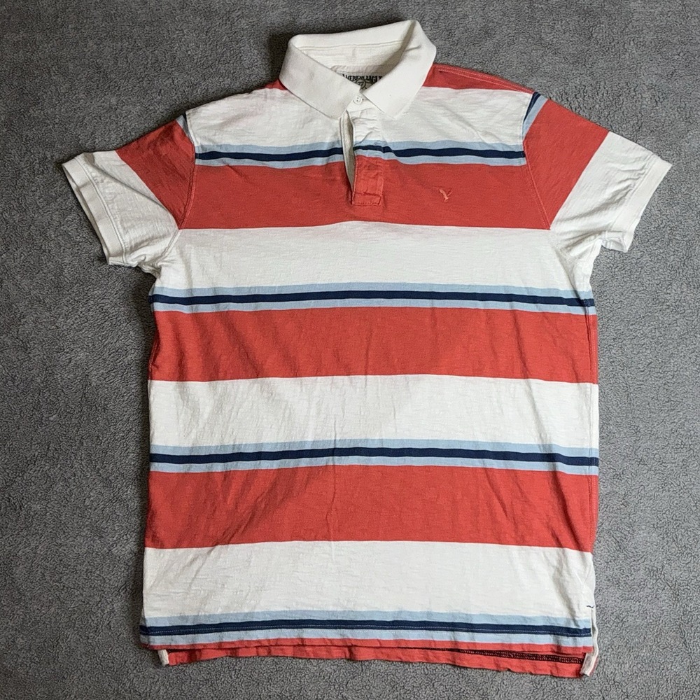 American Eagle Polo Shirt Men‎ XL Coal White Blue Stripe Cotton Y2K Short Sleeve